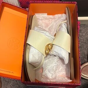 Tory Burch Ivory Slides with Gold Emblem